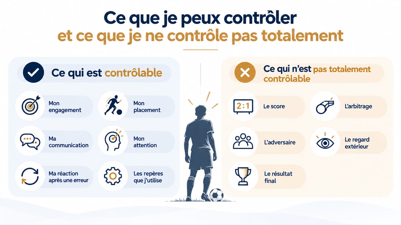 Schéma distinguant ce qu’un footballeur peut contrôler de ce qu’il ne contrôle pas totalement Ce qui est contrôlable au football